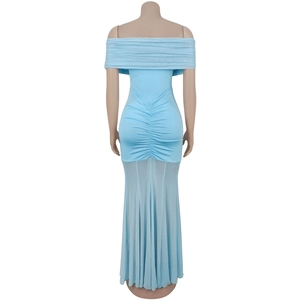 Detail view of the light blue off-shoulder dress featuring mesh splicing and back ruching