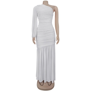 Close-up detail of white asymmetric one-shoulder ruched mesh slim fit maxi dress