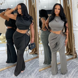 Women Sleeveless Crop Top And High Waist Draped Wide Leg Pants Top And Bottom Fashion Casual Polyester Spandex Summer Outfit