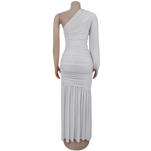 Back view detail of white one-shoulder ruched dress with elegant pleated long sleeve