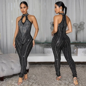Tuta Donna Scollo all'Americana Elegante Strass Traforato Aderente Senza Maniche Sexy Bodycon Festa Clubwear Pantaloni Lunghi