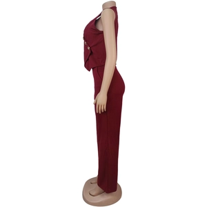 Vue latérale de l'ensemble gilet sans manches et pantalon bordeaux avec boutons
