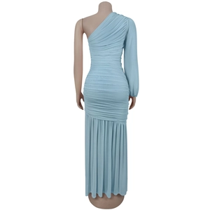 Rear view of light blue one-shoulder ruched maxi dress with elegant floor-length hemline