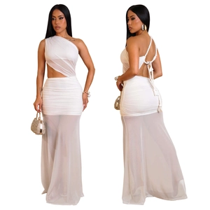 Detail of white mesh dress with sexy one shoulder design and lace up back detail
