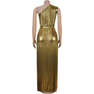 Detailed back view of a metallic gold pleated one-shoulder slim fit evening gown