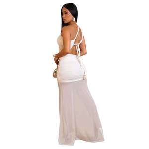 Detail of white one-shoulder dress with rope straps, open back and ruched mesh skirt