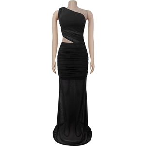 Detail of black one-shoulder dress featuring waist cutout and mesh fishtail hemline