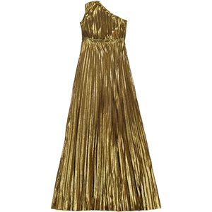 Detail of metallic gold one-shoulder pleated dress with accordion hem and cinched waist