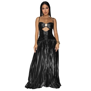 Close-up of black metallic maxi dress featuring cutout neckline with pearl metal buckle