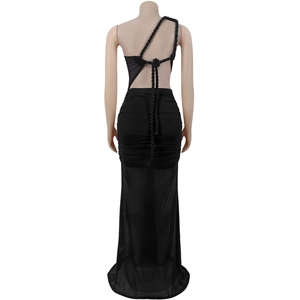Detail of black one-shoulder dress with cross-tied rope back and ruched mesh fabric