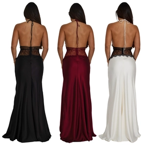 Detail view of lace patchwork and open back design on elegant satin long evening gowns