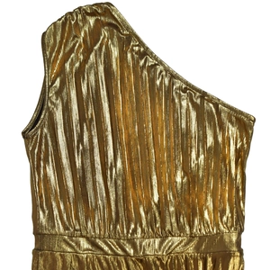 Detail of elegant gold pleated one-shoulder dress showing shimmering metallic texture