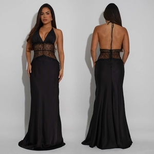 Macro detail of sexy deep V-neck and black lace see-through waist on satin maxi dress
