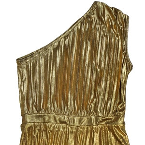 Detailed macro view of the shimmering gold pleated fabric and elegant one-shoulder design