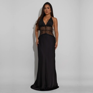 Elegant black halter satin maxi dress with sheer lace inserts and plunging V-neckline