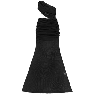 Detailed view of the black one-shoulder dress with ruched bodice and sheer mesh skirt