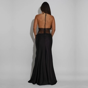 Elegant black satin backless maxi dress with delicate lace patchwork and fishtail hem