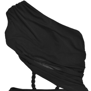 Detail of black mesh dress featuring a unique thick braided shoulder strap design