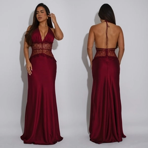 Deep V-neck burgundy satin dress with lace cut-outs and open back detail