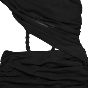 Detailed macro of black sheer mesh fabric featuring decorative hollow-out twist rope knots