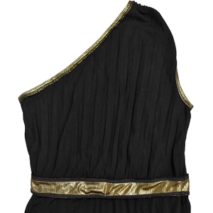 Close-up of elegant one-shoulder black dress with gold trim and pleated texture