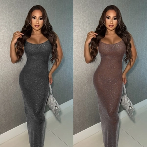Sexy Mesh Rhinestone Backless Bodycon Maxi Dress Sleeveless Spaghetti Strap Elegant Evening Party Gown For Women