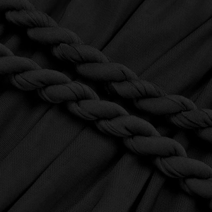 Detailed macro view of black mesh fabric with braided rope accents and pleated texture