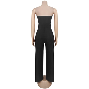 Back view of a black strapless wide-leg jumpsuit with a slim waist and matte finish