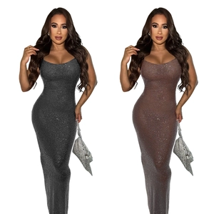 Elegant rhinestone mesh maxi dress with thin straps for women in black and brown colors