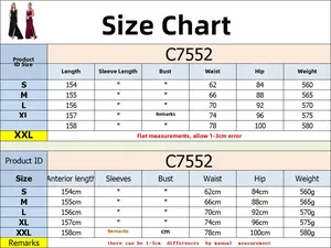 Detailed size chart for elegant V-neck split maxi dress with measurements for S to XXL