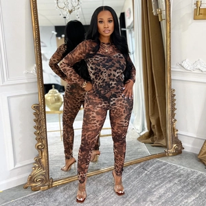 Sexy Leopard Print Sheer Mesh Jumpsuit For Women Long Sleeve Bodycon Catsuit Clubwear Party Full Length Printed Jumpsuit