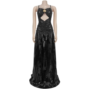 Detail of black metallic shimmer dress featuring cutout waist and gold ring pearl accent