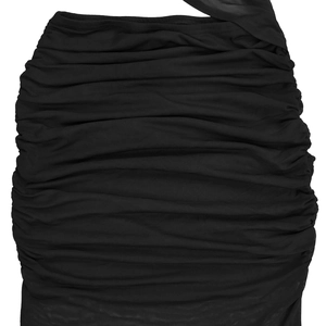Detailed view of black ruched mesh fabric texture for sexy off-shoulder dress