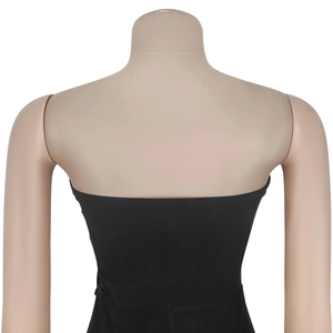 Detail shot showing the back view of the slim fit black stretch fabric jumpsuit