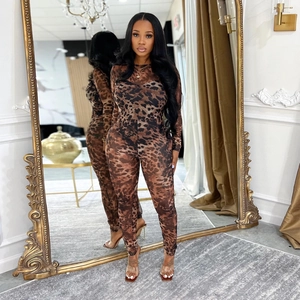 Sexy leopard print mesh bodysuit for women with long sleeves and bodycon fit design