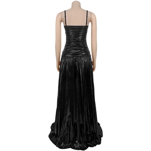 Detail view of the elegant black shimmer dress with ruched back and pleated long skirt