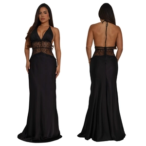 Detailed view of sexy backless evening dress with black lace waist and halter neck design