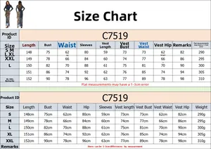 Detailed size chart for the mesh print dress and vest set showing measurements from S to XXL
