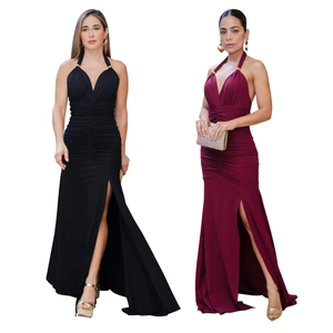 Elegant halter V-neck evening dress with ruching and high slit in black and wine red