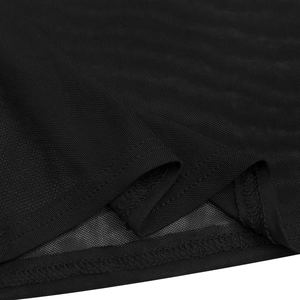 Detail shot of black sheer mesh fabric showing fine grid texture and hem stitching quality