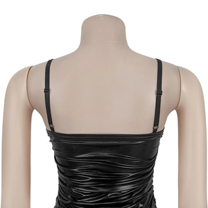 Detail of black glossy PU strap dress back showing elastic shiny fabric and fine stitching