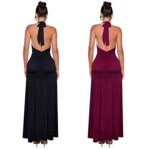 Detail view of backless halter dress featuring elegant ruching and sleek slim-fit design