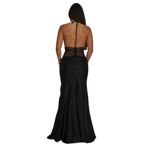 Detail of elegant black backless maxi dress with delicate lace patchwork and satin finish