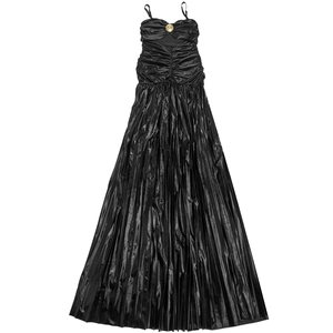 Close-up of the vintage gold buckle and pleated fabric on a black spaghetti strap dress