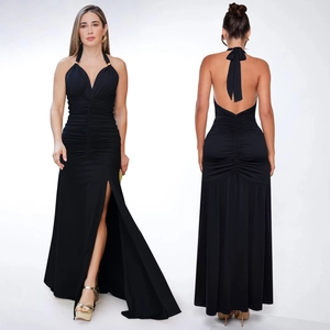 Detail of the elegant black halter neck maxi dress with deep V-neck and high side slit