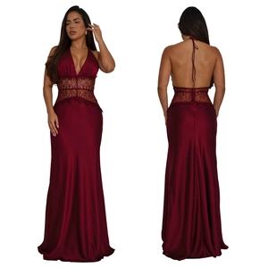 Detailed view of burgundy satin evening dress with lace cutout and deep V-neckline