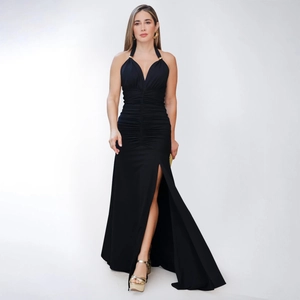 Elegant black halter deep V-neck maxi dress with waist pleats and high slit detail