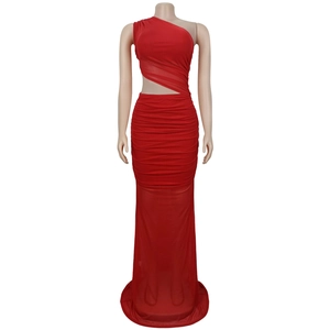 Detail of red one-shoulder evening dress featuring pleated mesh and waist cutout design