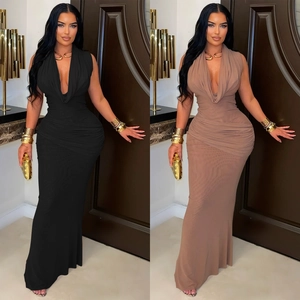 Robe Longue Sans Manches Élégante Col en V Profond Plissée pour Femmes Sexy Bodycon Soirée Formelle Robe Sirène Couleur Unie