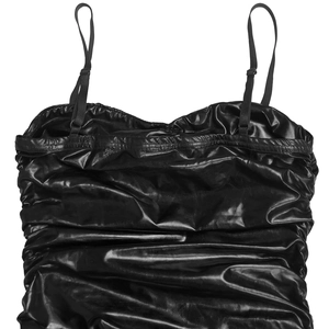 Detail of a black ruched camisole top with shiny faux leather texture and slim straps